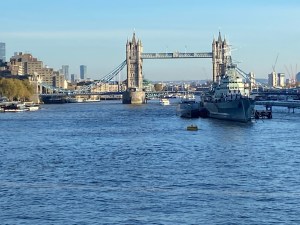 View of Thames River from London Bridge, showing Tower Bridge, HMS Belfast